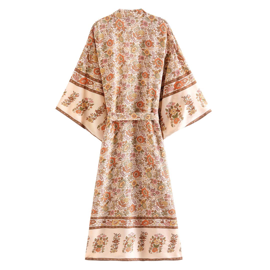 Dninmim Kimono long en coton imprimé floral pour femme - Style vintage bohème - Manches chauve-souris, Comme indiqué sur la photo, M