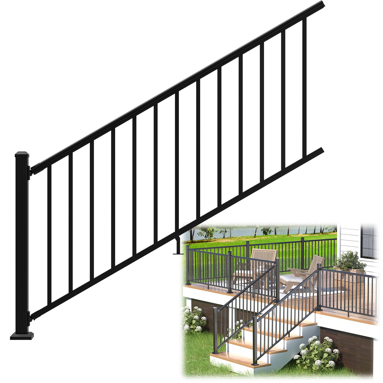 36 in. h x 6 ft. w porch and deck railing kit, aluminum stair railing kit, black textured powder-coat finish railing system for concrete steps or wooden stairs (1 post, 1 panel)