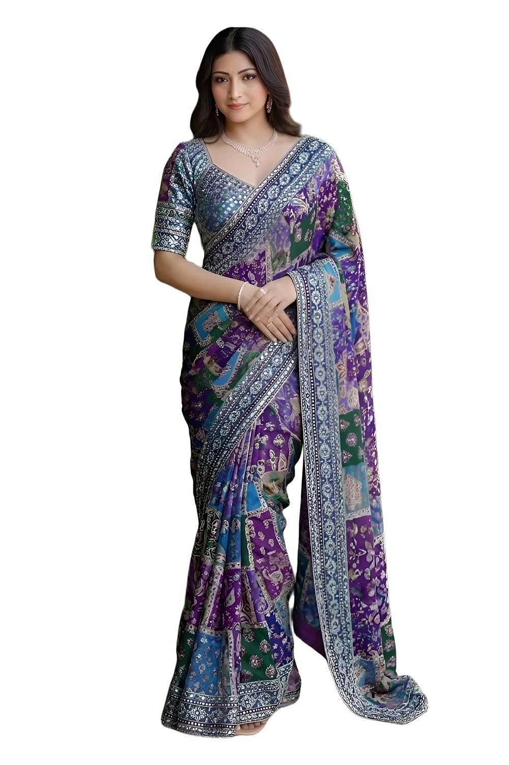 Vragi Women's Multicolor Designer Soft Printed Saree with Mirror Work & Printed Blouse Piece_1-picture-35