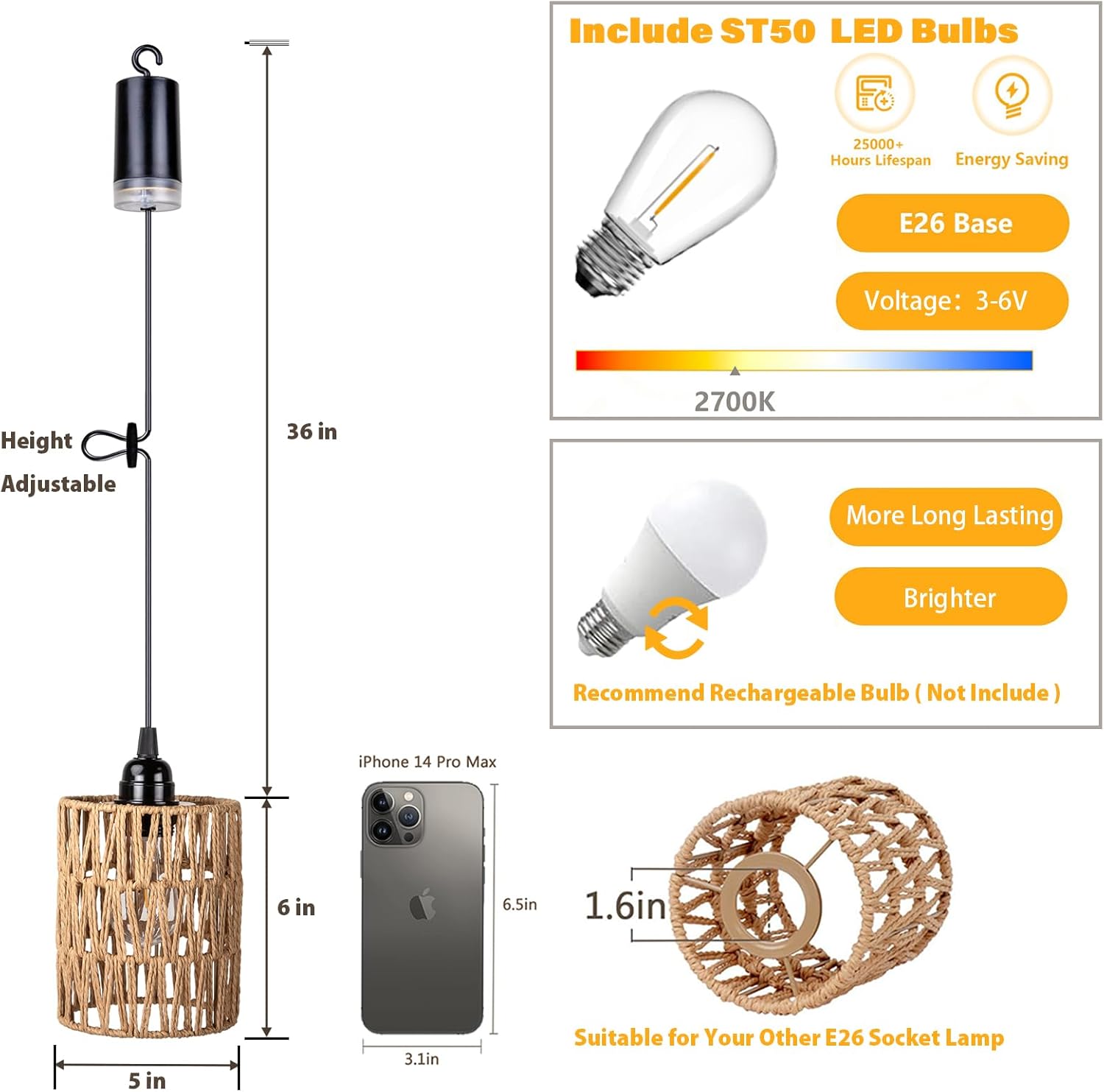 Battery Operated Chandelier, Battery Hanging Pendant Light, Rattan Lights with Warm White Bulb, 4*AA Battery Powered, for Gazebo Pergola Porch Patio Outdoor Indoor Decor (3)