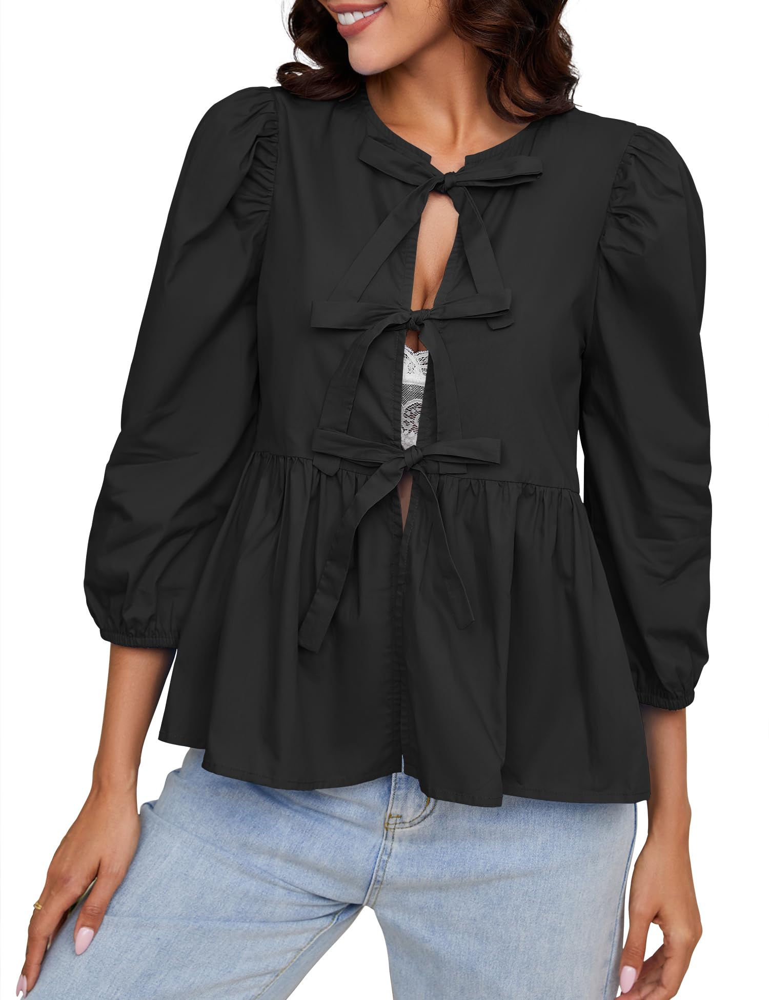 Rapbin Tie Front Tops for Women 3/4 Puff Sleeve Peplum
