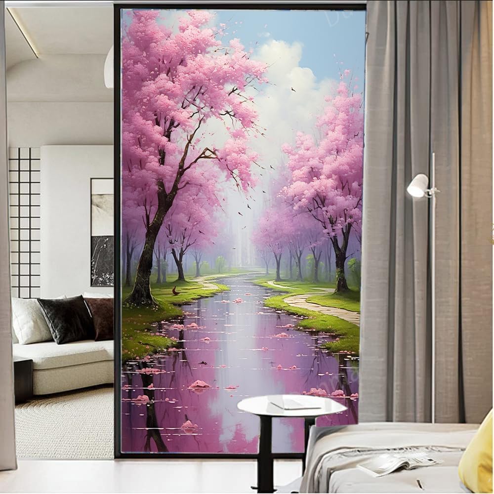 Colorful Cherry Blossoms Frosted Window Privacy Film, Beautiful Park Flower Decorative Self-Adhesive Vinyl Stained Glass Decals for Home Bathroom 23.6Wx35.4L inch
