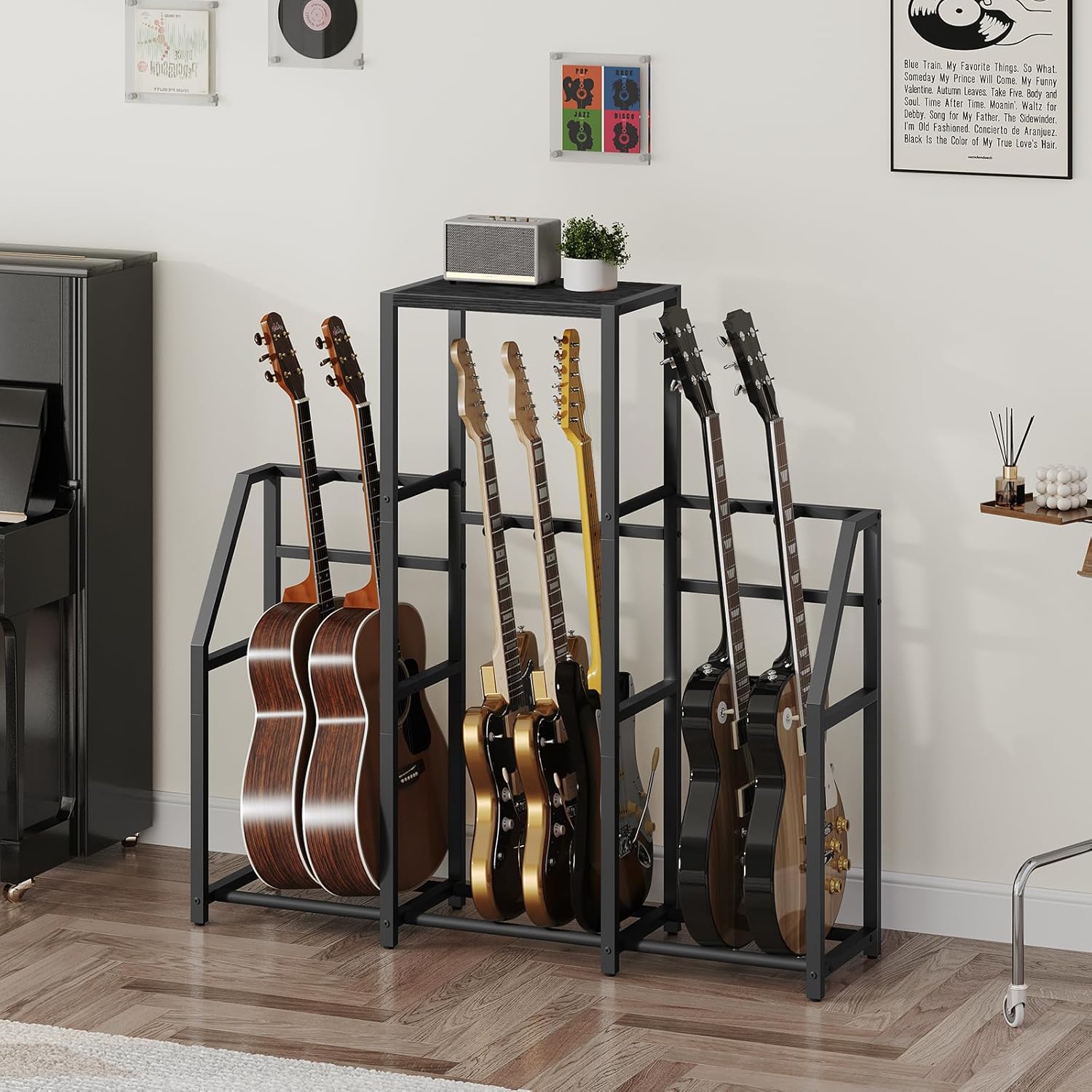 MAHANCRIS Guitar Stand, Multi Guitar Rack Stand for 7-10 String Instruments, for Acoustic Guitar, Bass, Electric Guitar, Ukulele, Banjo, Guitar Case, Record Player, for Music Studios, Black