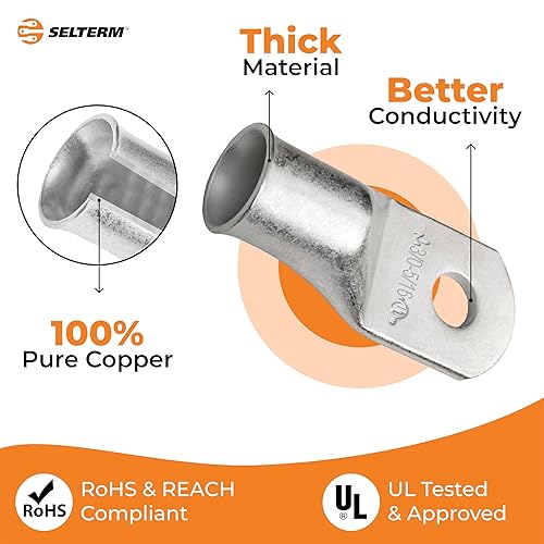Miniatura 100 de SELTERM - Terminal en anillo de grado marino UL 2/0 AWG 3/8 pulgadas (25 uds) para batería, terminal tubular de cable eléctrico, conector calibre