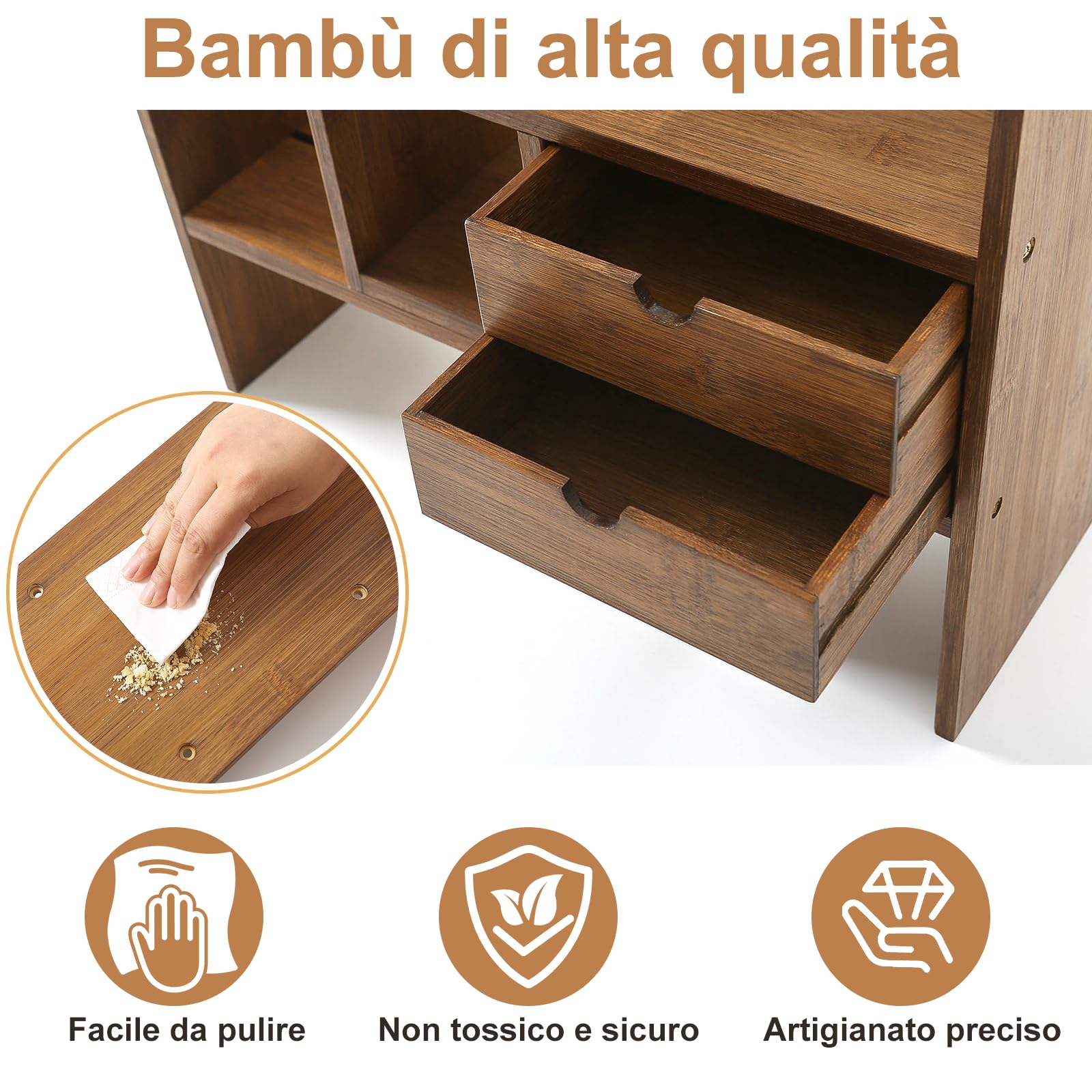 GUUSII HOME Scaffale da Scrivania per Ufficio Libreria da Scrivania Con Cassetti per Camera da Letto Libreria da Tavolo Regolabile in Bambù Piccolo Deposito per Cucina Mensola Scrivania in Piedi Libri