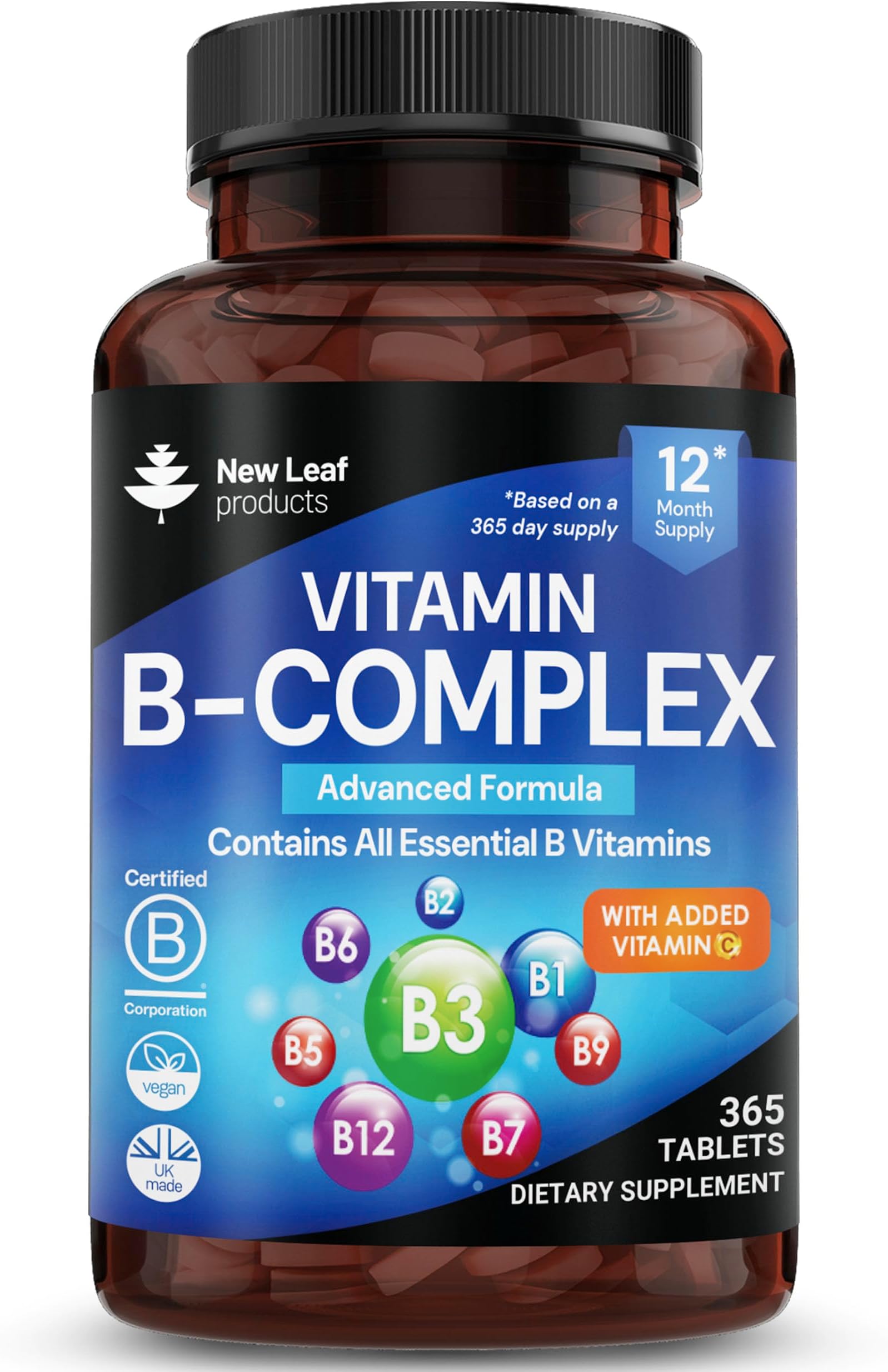 Vitamin B Complex High Strength - Full Year Value Supply - All 8 B Vitamins B1-B2-B3-B5-B6-B12, Biotin, Folic Acid with Vitamin C in Ultra Micro Tablet - Reduction of Tiredness - Made in The UK