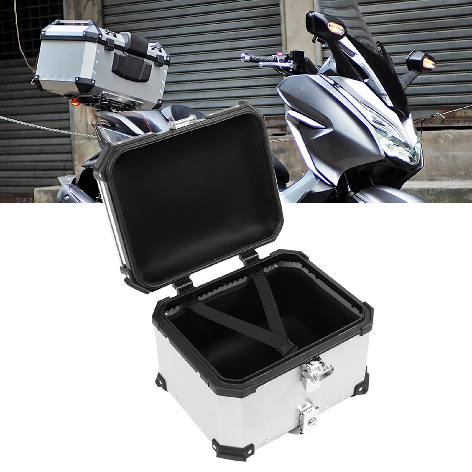 Bediffer Baúl de Aluminio para Motocicleta, Caja Trasera de 45L, Almacenamiento Aislado para, Excelente para Transporte de Equipaje, Fácil Instalación (Plata)