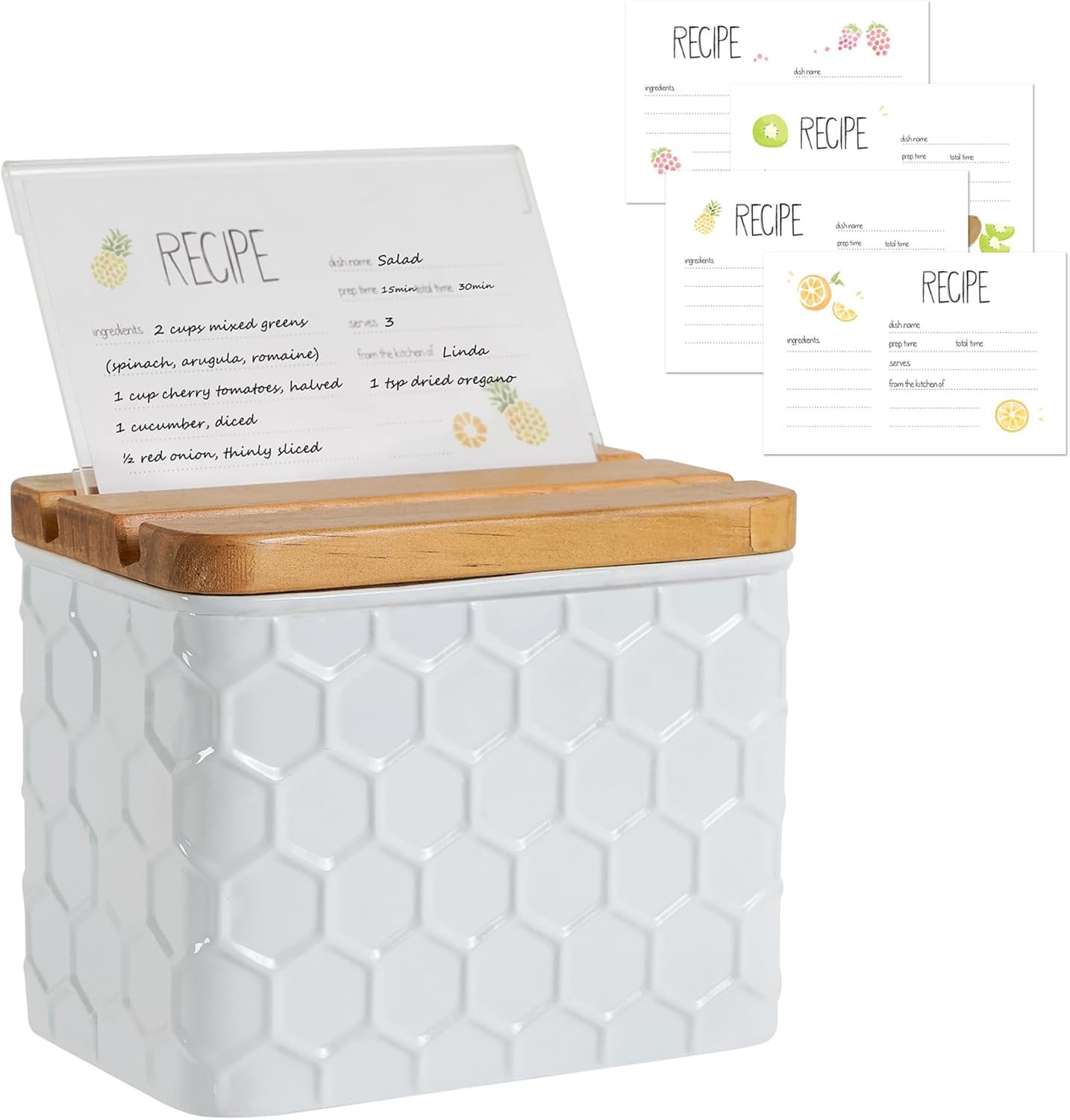4x6 Recipe Box with Cards and Dividers Set and 52 Count Recipe Cards, Honeycomb Pattern Embossed