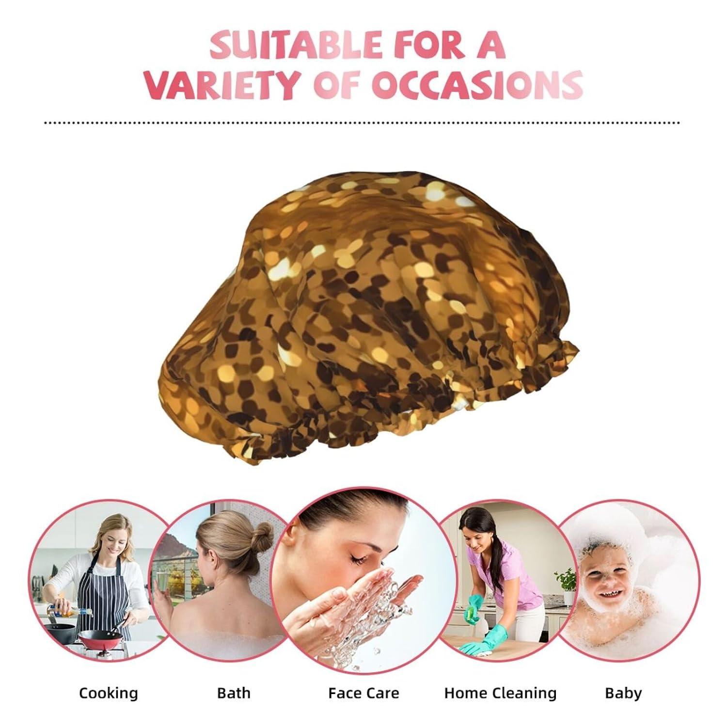 Gold Sequin Sparkle Shower Caps for Women Reusable Waterproof Shower Bonnet Large Elastic Bath Caps Double Layers Bathing Hair Caps Designed for all Hair Lengths with PEVA Lining