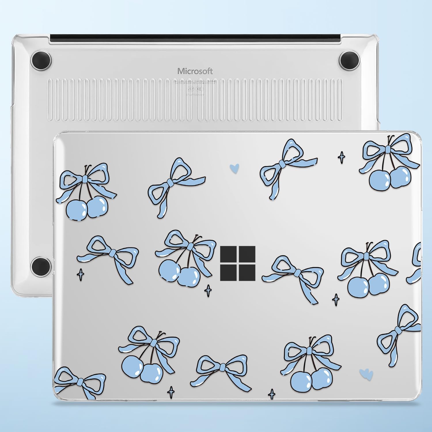 Case for 2025 Microsoft Surface Laptop 13 inch with Windows 11 Touchscreen Copilot + PC Model 2095, Printed Pattern Plastic Hard Shell Case, Keyboard Cover, Screen Flim, Webcam Cover, Blue Bow Cherry