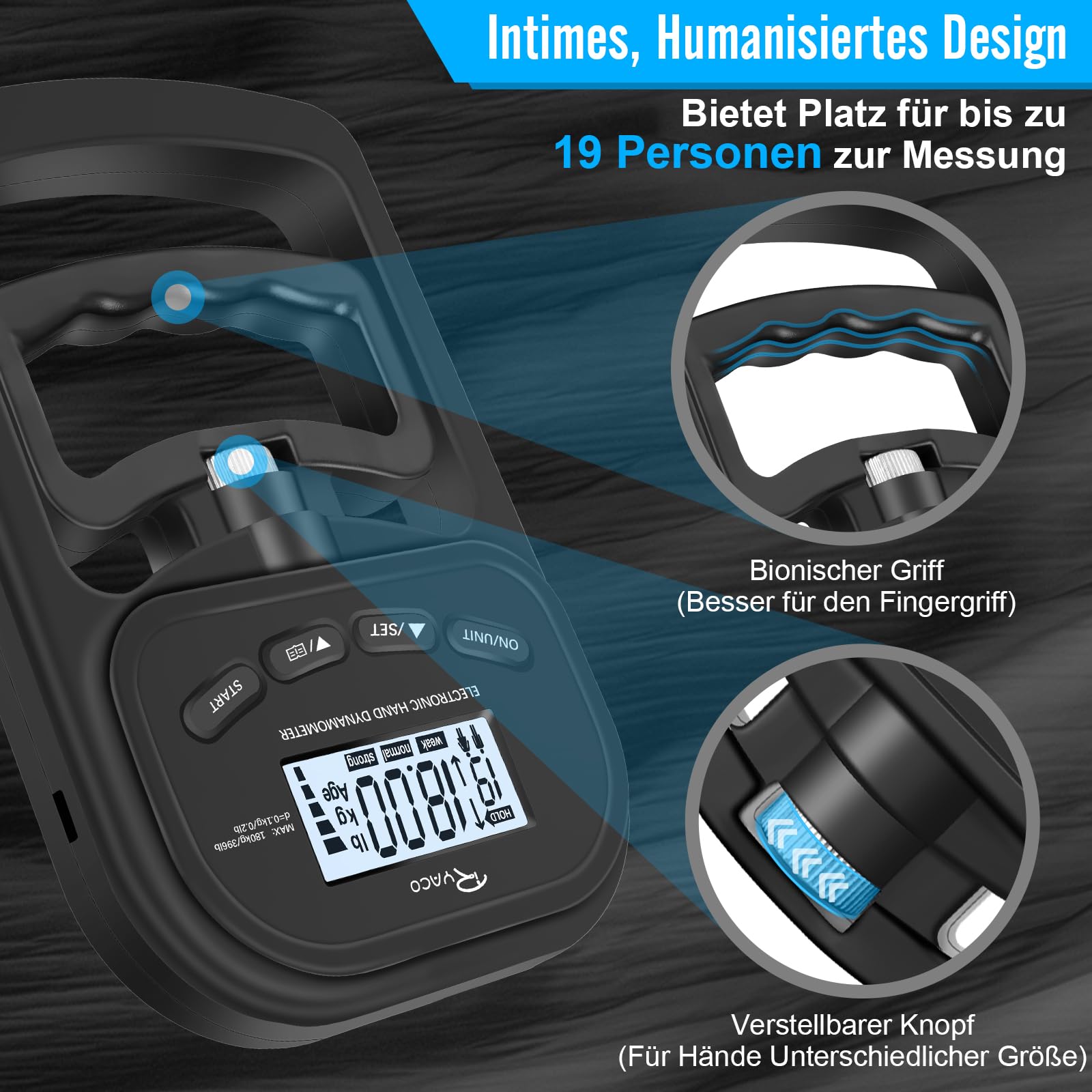 Ryaco Digitaler Handkraftmessgerät, 396lbs/180kg Aufladbar Hand Dynamometer Elektronischer Griffkraft Messer, Griffkraftmessgerät Grip Strength Trainer mit LCD-Display für Sport Hause Schule, Schwarz