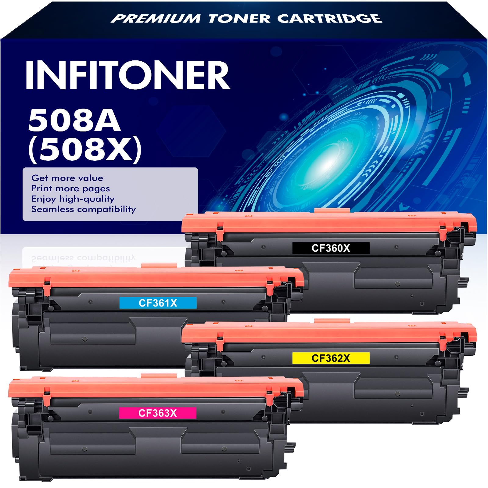 508A Toner Cartridge 4 Pack Compatible Replacement for HP 508A 508X CF360X CF361X CF362X CF363X Color Enterprise M553 M552 553 MFP M577 Series Printer Ink Black Cyan Magenta Yellow