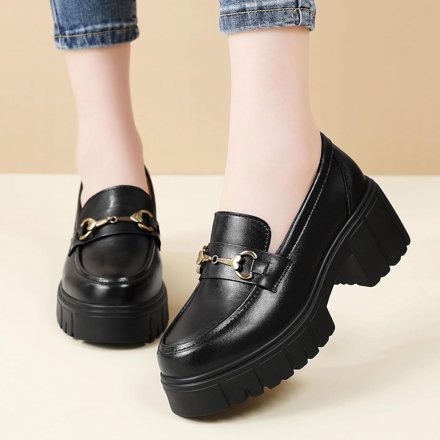 Platform Loafers for Women Comfy Penny Loafer Leather Chunky Heel