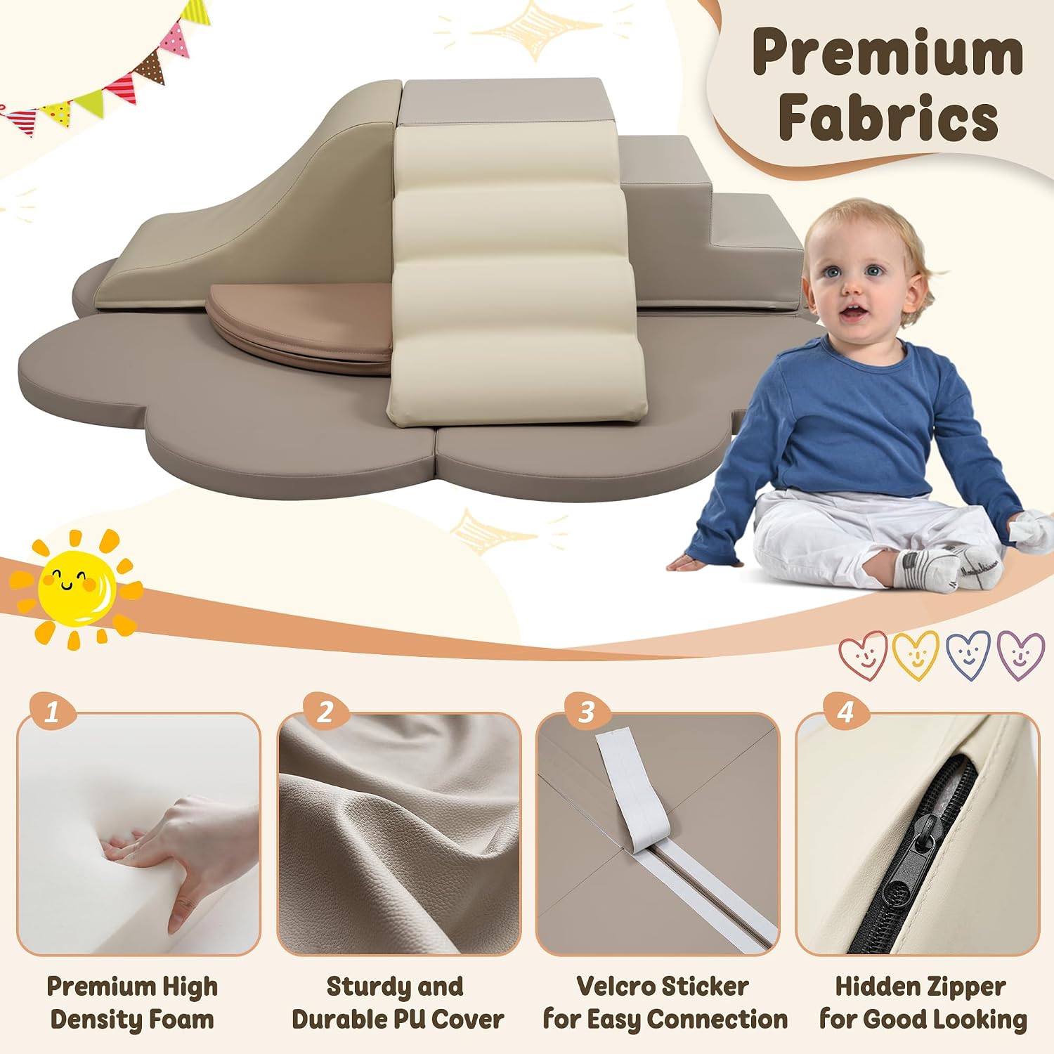 6-Piece Toddler Climbing Toys Indoor – Foam Climbing Blocks with Steps, Slide & Play Mats – Soft Play Equipment for Kids – EPE Foam, Non-Slip Velcro, Easy-to-Clean PU Cover – Motor Skill Development