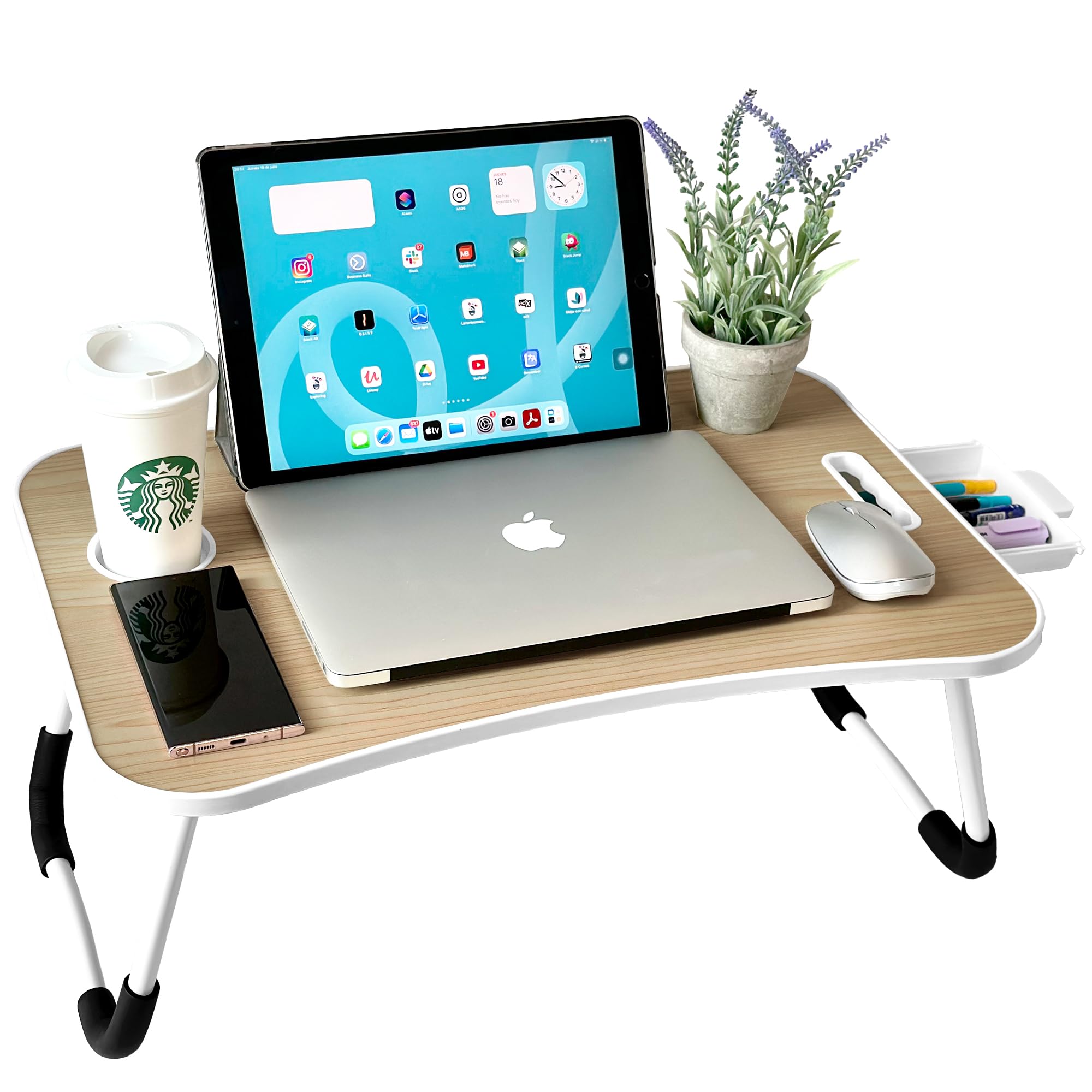 unycos - Vassoio per la Colazione e da Letto【60x40x26 cm】Tavolo Pieghevole con Leggio, Supporto Multifunzionale per Computer Portatile, Tablet, Lavorare, Leggere (Noce con Cassetto)
