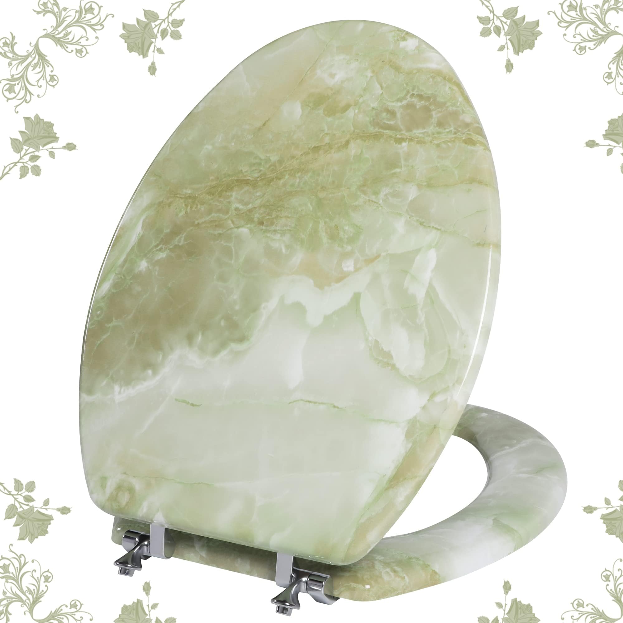 Elongated Toilet Seat Natural Wood with Zinc Alloy Hinges, Green Marble
