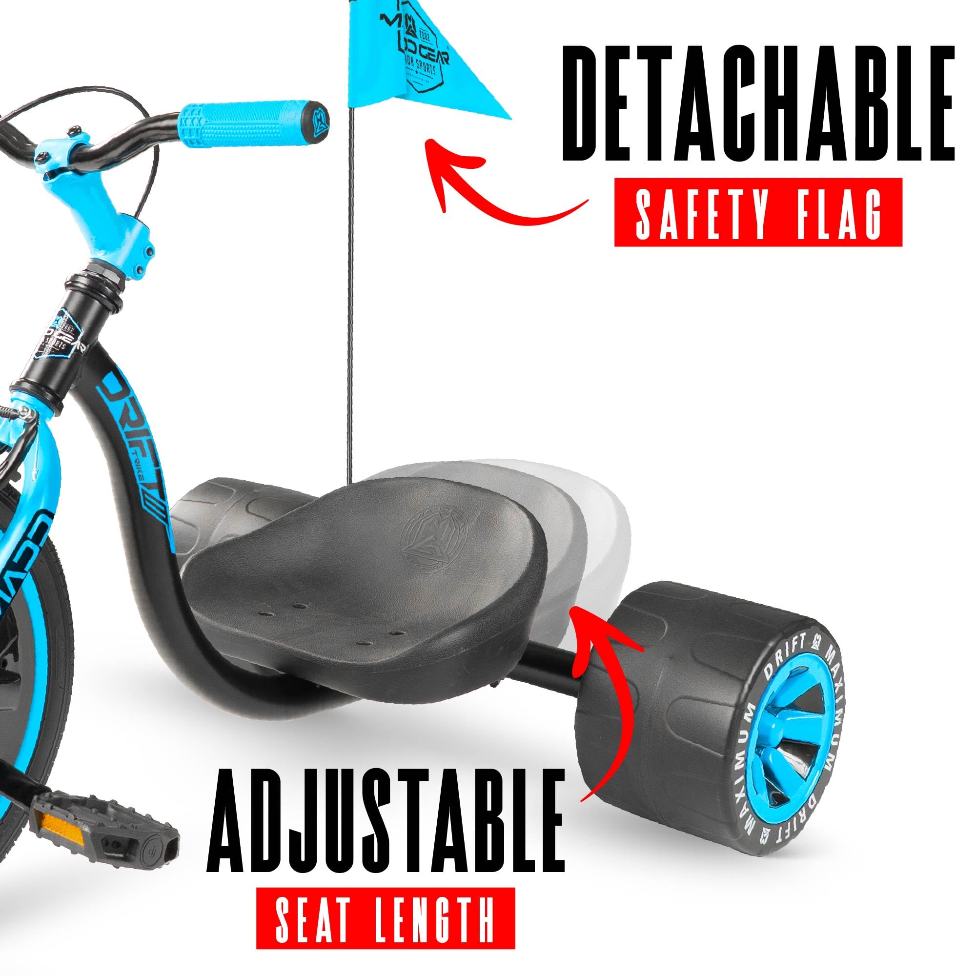 Drift Trike para niños a partir de 5 a 16 pulgadas con rueda grande con asiento ajustable, marco de acero, ruedas traseras y bandera de seguridad, Madd Gear (negro azul)