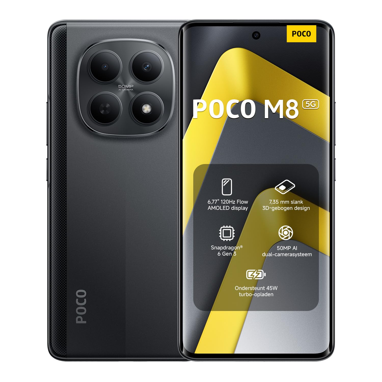 Xiaomi POCO M8 smartfon 8 + 256 GB, 6,77" 120 Hz FIoW AMOLED Display, Snapdragon 6 Gen 3, 50 MP AI Dual Camera System, 7,35 mm Sleek 3D Curved Design, czarny, Warranty 2 years, Charger Not Included