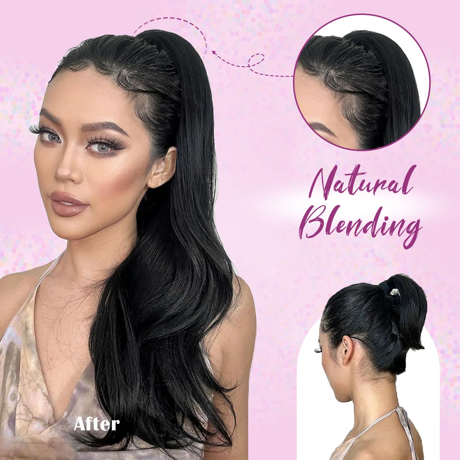 Samtress Ponytail Extension 24 Inch Drawstring Ponytail Extension for Women Natural Black Long Wavy Layered Pony Tails Hair Extensions Synthetic Clip in Ponytail Hairpiece Daily Use Party (#1B) - Image 3