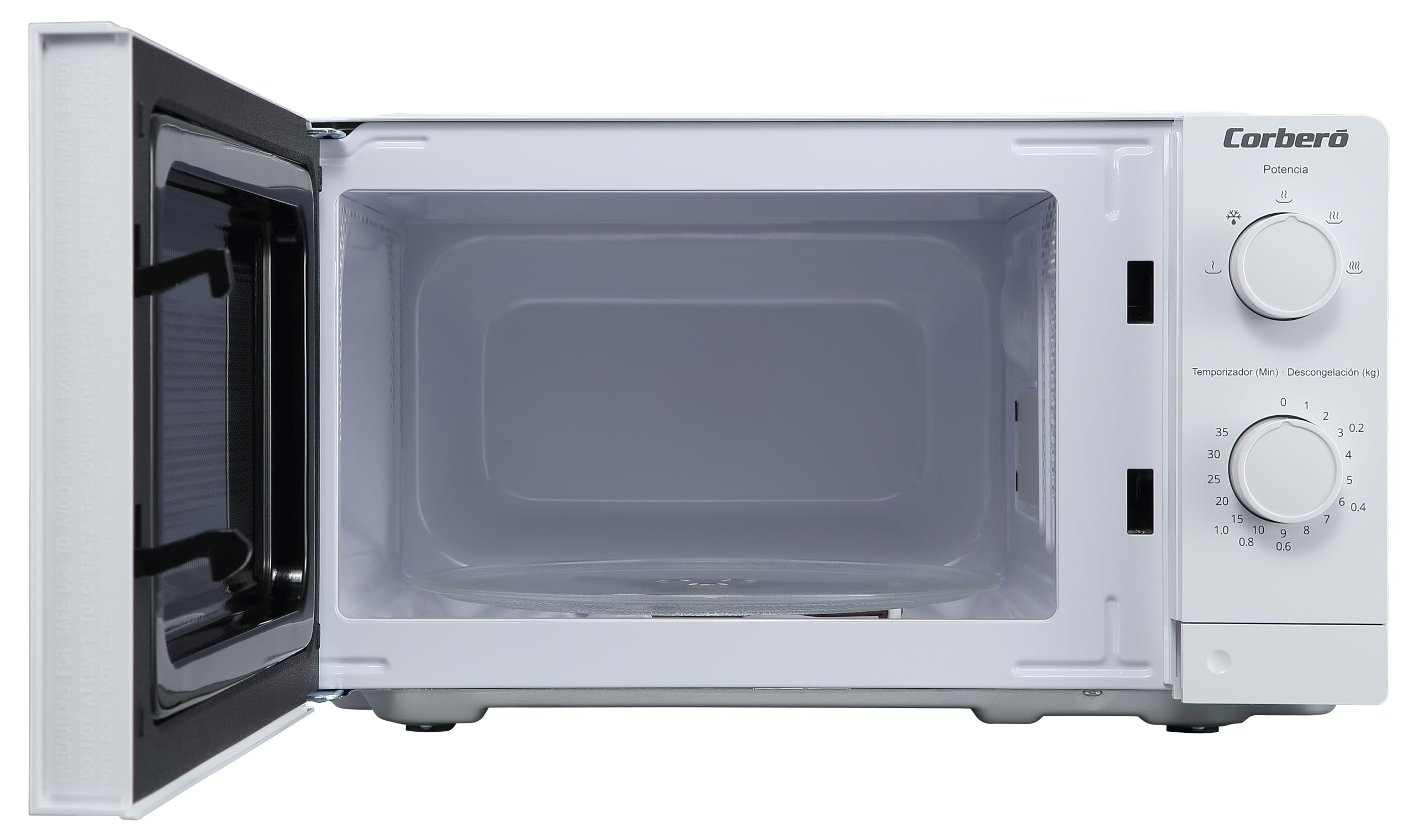 Corberó - Micro-ondes White Serie | CMICM250W | 19,5 l | 700 W | 5 niveaux de puissance | Fonction décongélation | Bouton poussoir | Minuteur 35 min | Plateau rotatif 24,5 cm | Blanc