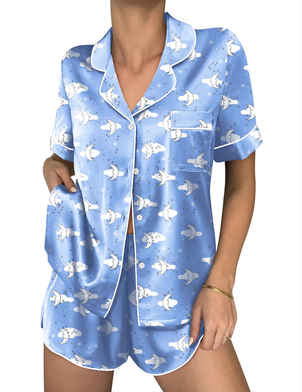 Ekouaer Womens Silk Satin Pajama Sets 2 Piece Button Down Silk Pjs Shorts Sets Cute Print Short Sleeve Sleepwear S-XXL
