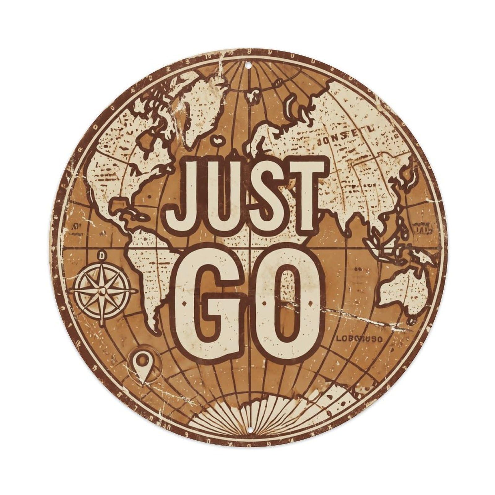Vintage World Map with Compass Just Go Traverse Metal Tin Sign