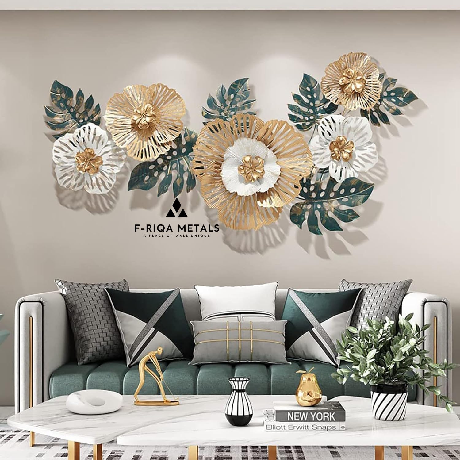 F-RIQA METALS Premium 3D Metal Wall Art for Living Room with Golden & White Floral Wall Hanging, Luxury Handcrafted Metal Wall Decor, Modern Wall Sculpture for Home, Office & Hotel Decoration