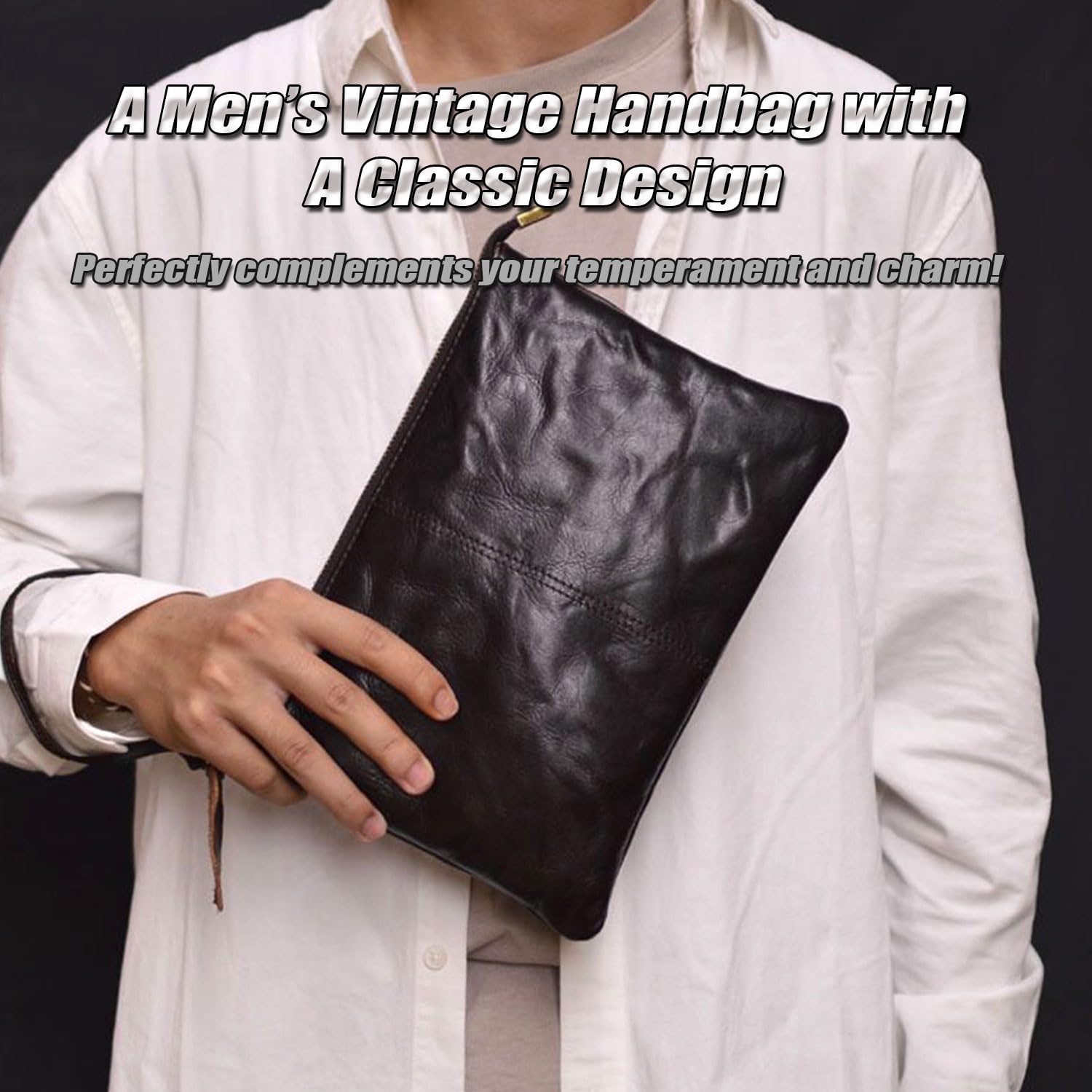 Pochette da Polso in Pelle Pieno Fiore per Uomo, Clutch Classica con Cinturino Staccabile, Borse Organizer in Vera Pelle da Uomo, Affari e Viaggi