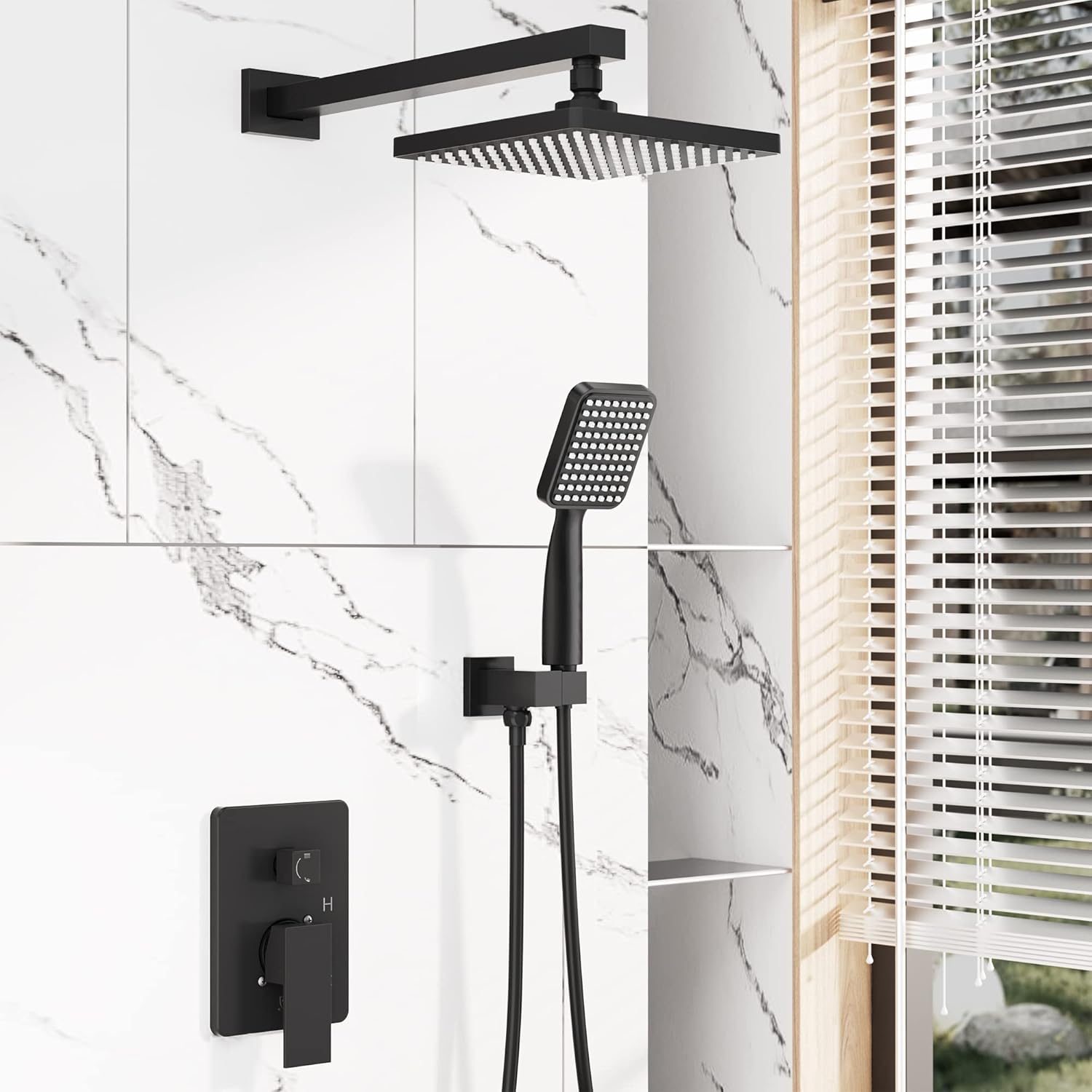 Rainfall Shower System Matte Black with High Pressure 8 inch Shower Head Hand Held Shower Head Bathroom Luxury Rain Mixer Shower Complete Combo Set Wall Mounted (Valve Included)