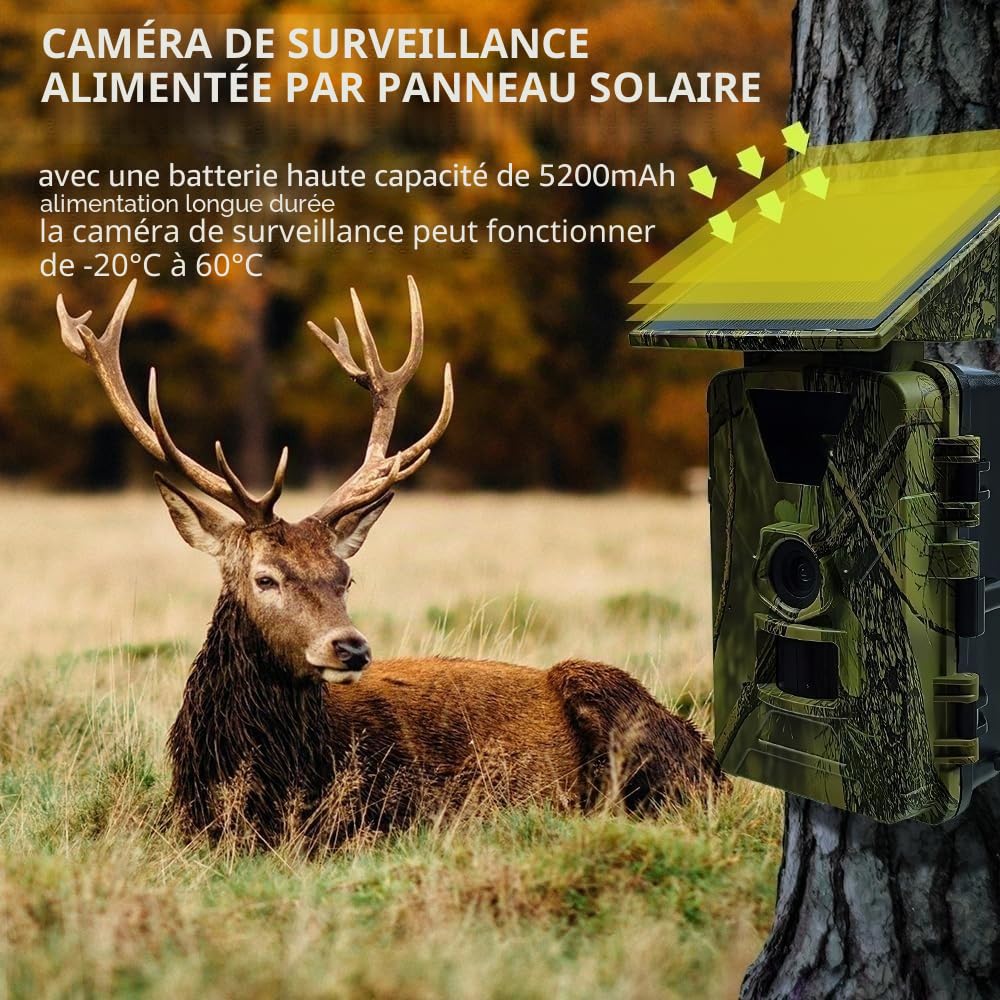 Caméra de chasse 5K avec 4G LTE et solaire, transmission en temps réel via application, vision nocturne super infrarouge, batterie 5200 mAh, carte SD 32 Go, IP67 – Caméra pour animaux sauvages avec