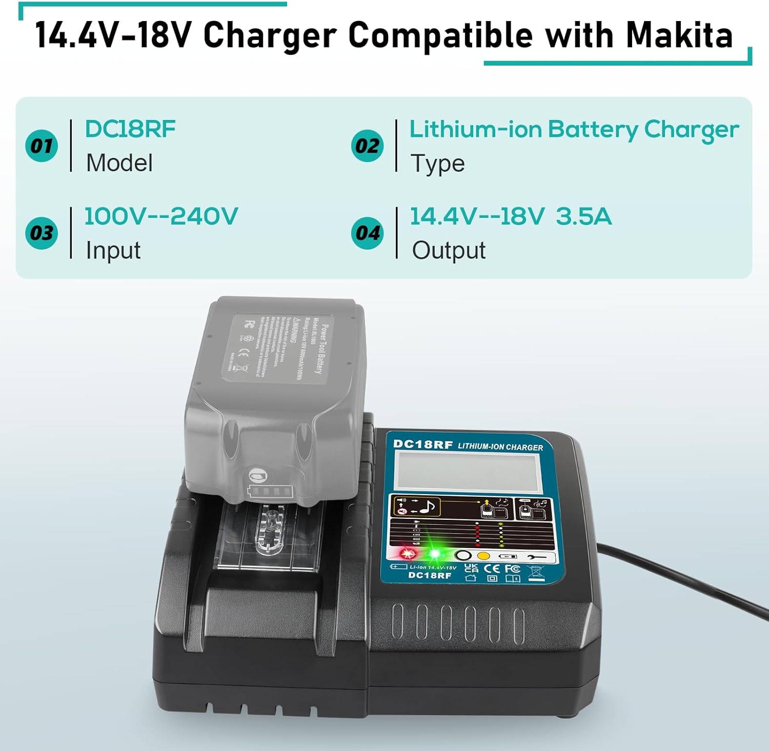 DC18RF 14.4V/18V Rapid Charger with LCD Display for Makita 18V Battery, Compatible with Makita 14.4V-18V Battery BL1850B BL1860B BL1830B BL1840B BL1820B & Charger DC18RD DC18SF DC18RT - Image 2