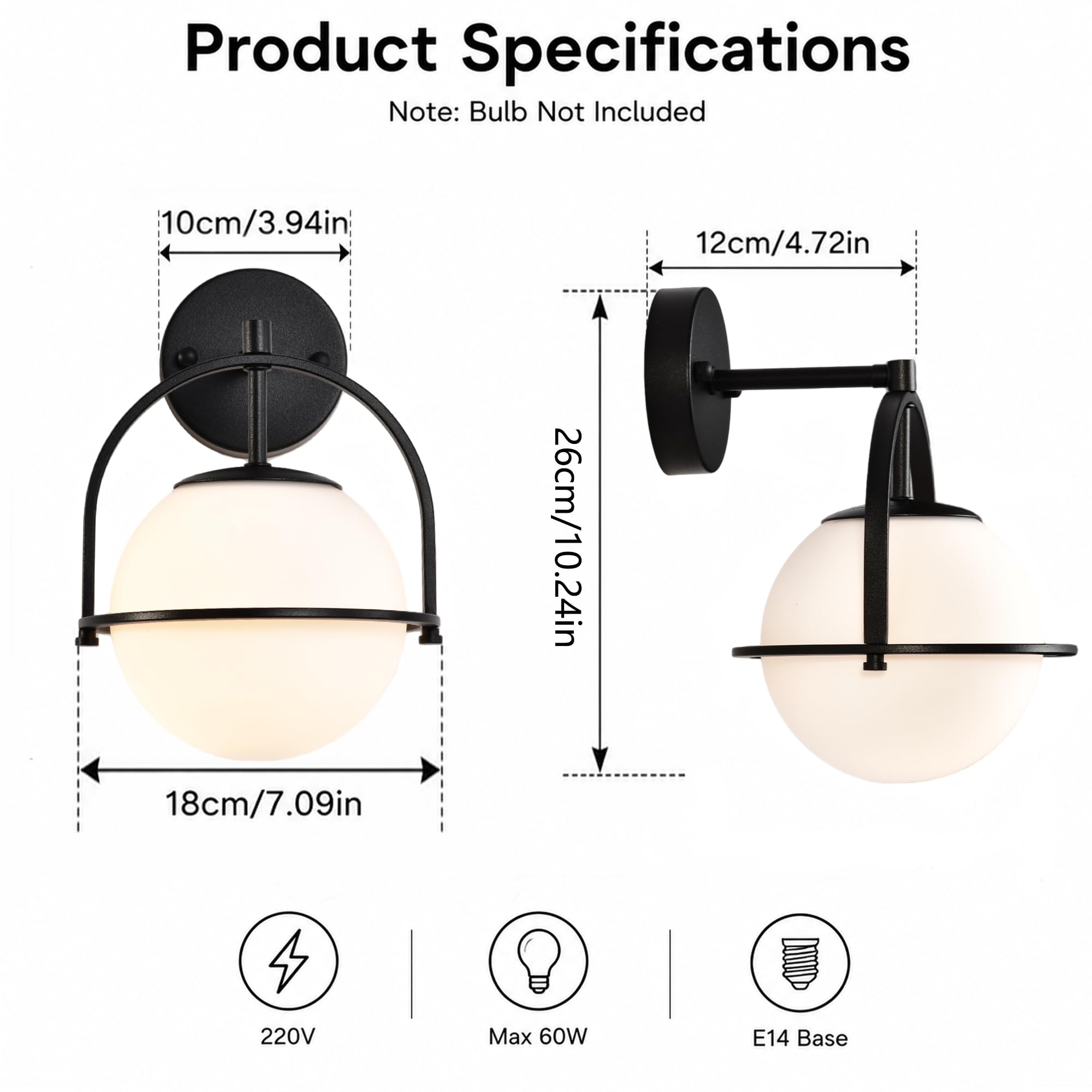 Alighting Wandleuchte Innen Schwarze mit 15 cm Milchglasschirm | Badezimmer Wandbeleuchtung Wandlampe Kugel für Flur Schlafzimmer Treppenhau, E14