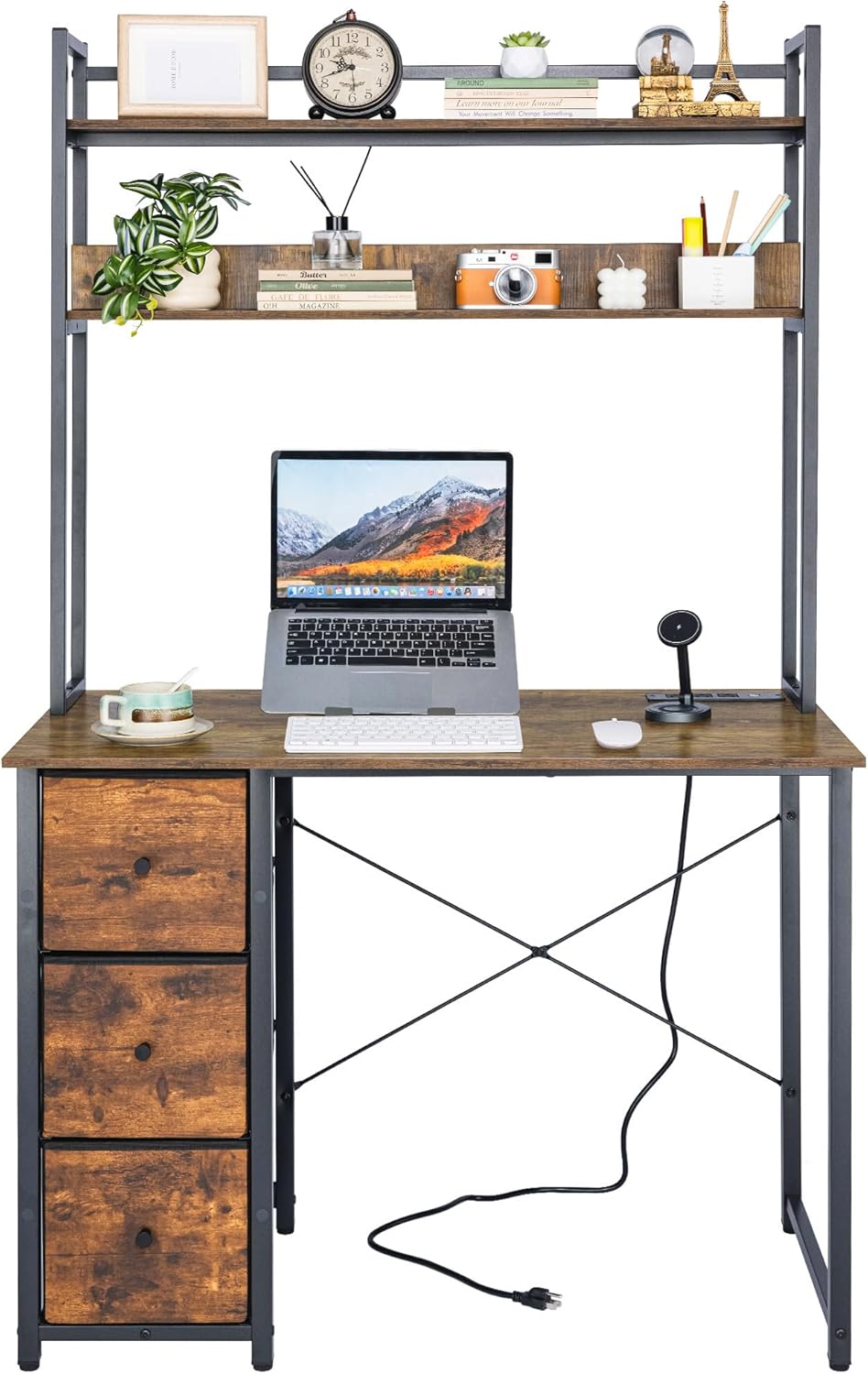 Aquzee Computer Desk with Drawers, 40 Inch Desk with Hutch, Computer Desk with Storage, Power Outlets & Bookshelves, Small Desk for Bedroom Living Room Home Office, Rustic Brown