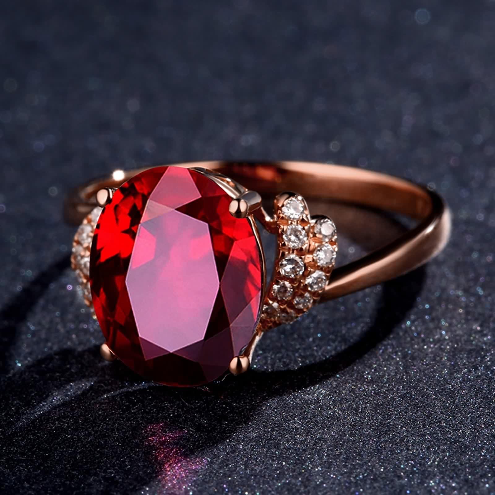 Anillo de rubí auténtico, oro 750, oro rosa de 18 quilates, anillo ovalado de rubí con diamante blanco rojo cómodo ajuste