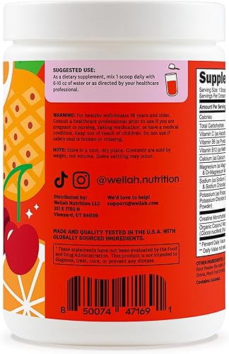 Miniatura 3 de Wellah Creatina + polvo de hidratación (ponche de fruta) 30 porciones - Mezcla de bebida electrolítica con 0.11 onzas de monohidrato de creatina