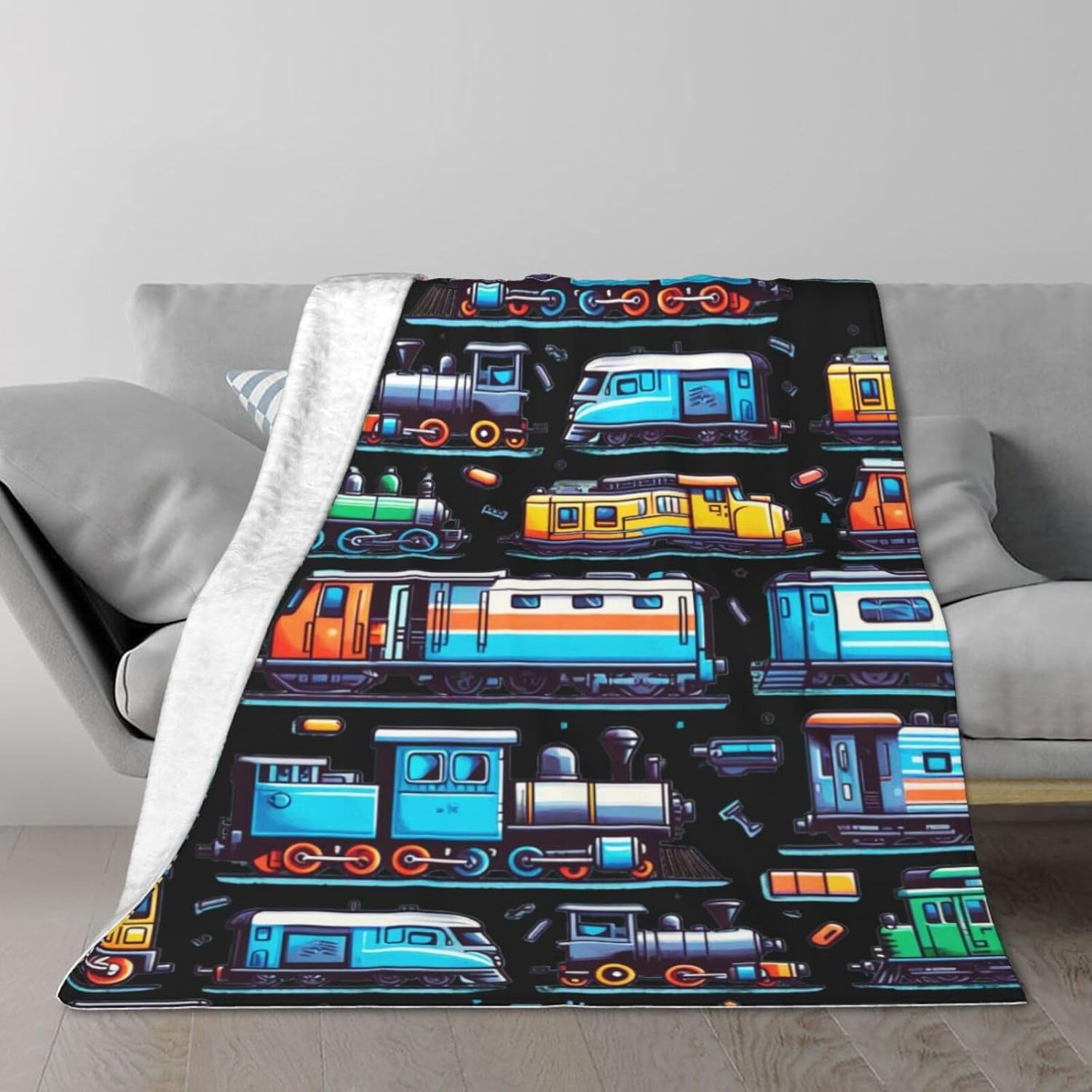 Flannel Cute Trains Themed Stuffed Throw Blanket, 80" x 60" Soft Nap Throw for Home, Boys, Girls, Women Train Lovers