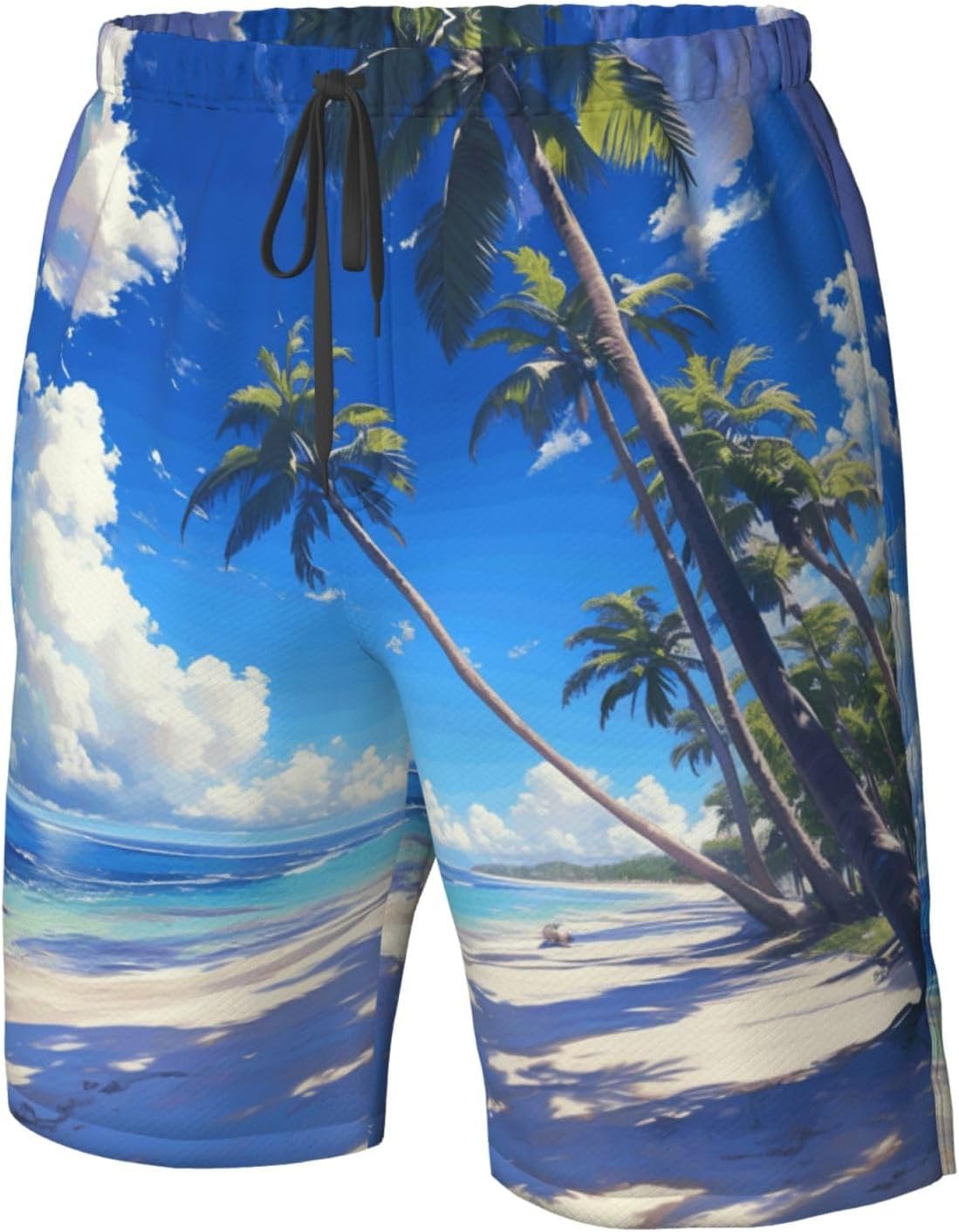Coconut Palm Tree Sandy Beach Print Mens Casual Shorts Drawstring Summer Beach Stretch Shorts Novelty Swimtrunks