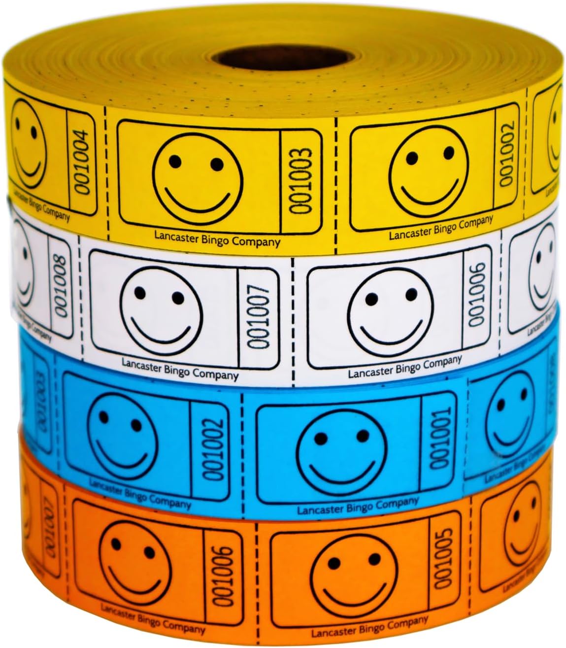 Smiley Face Roll Ticket 1,000 Ticket Roll 8 Pack Assorted Colors - Consecutively Numbered - Perforated