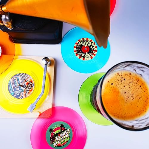 Miniatura 3 de Divertidos posavasos retro para bebidas con soporte para reproductor de vinilo para amantes de la música, juego de 6 posavasos de conversación con