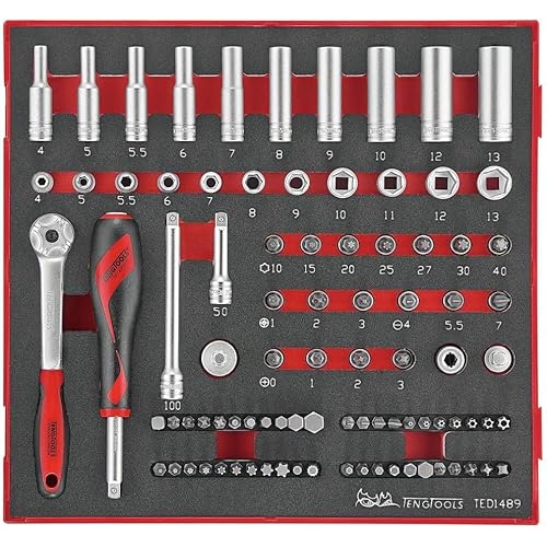 Teng Tools 89 Piece 1/4 Inch Drive 6 Point Metric Regular/Shallow & Bit Foam Socket Set - TED1489, Silver