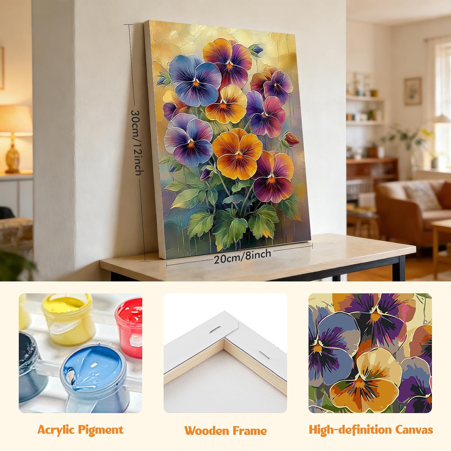 MISCER Pansy Flowers Framed Paint by Numbers for Adults Beginners, Flowers Acrylic DIY Adults Paint by Number Kits on Canvas, Easy Number Painting with Frame for Gift Home Wall Decor 8x12in