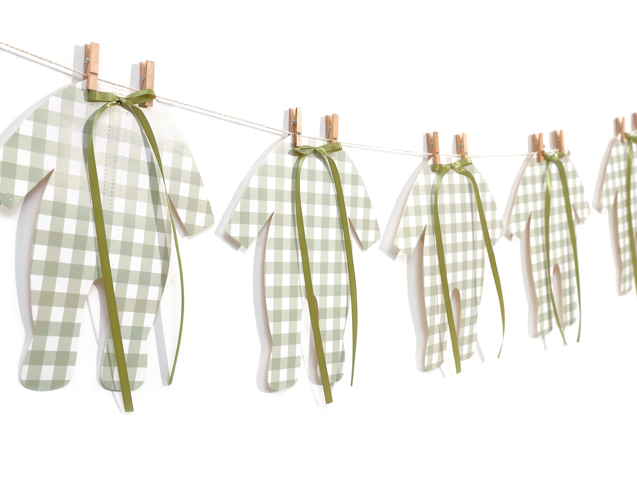 Green Gingham Baby Onesie Garland – 8 PCS Big Size Neutral Baby Shower Banner, Baby Clothesline Garland, Green Plaid Baby Bodysuit Cutouts for Gender Neutral Baby Shower or Nursery Decor