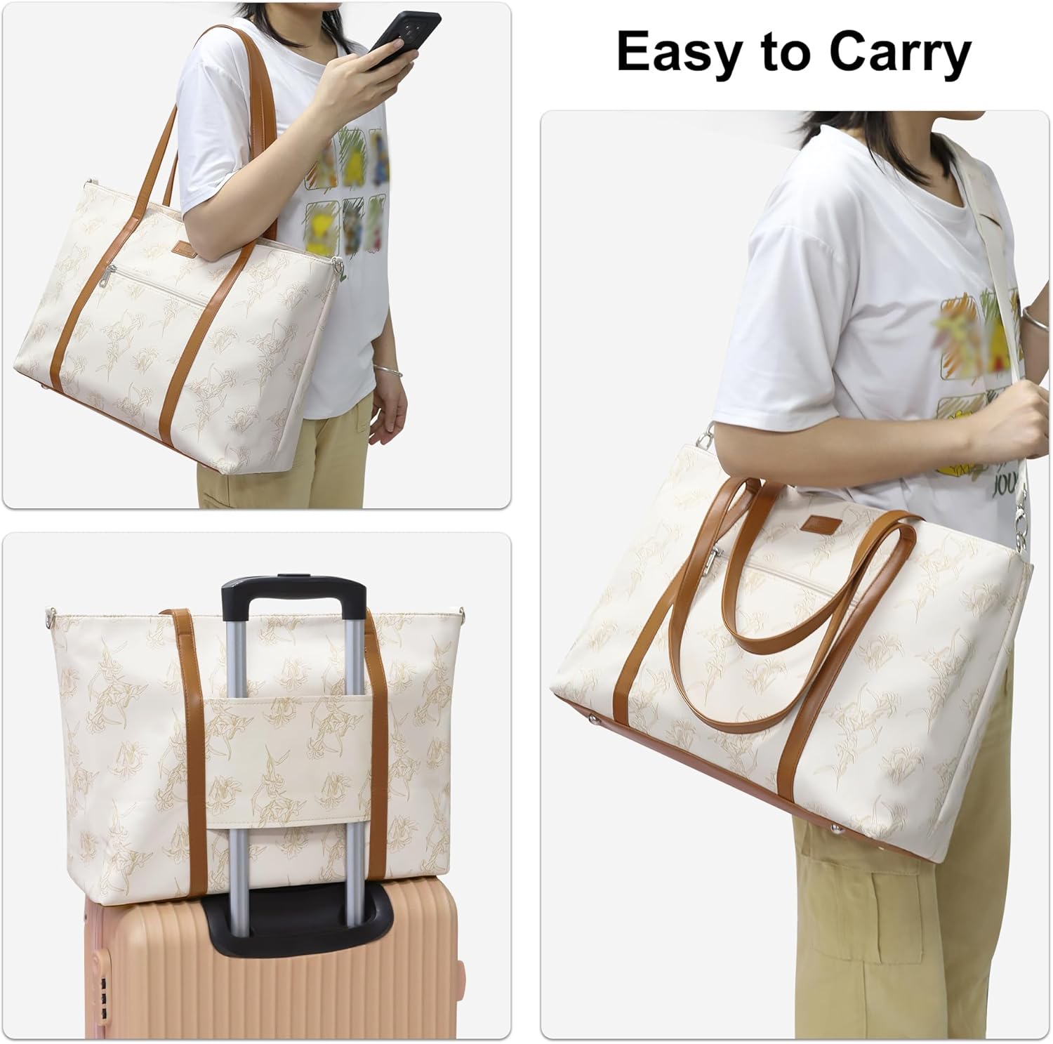 Laptop Bag for Women 17 Inch, Leather Laptop Tote Bag Waterproof Computer Bag Office Work Bag Business Briefcase with Compartment&Shoulder Straps (A3-Beige/Brown Flower, 17.3 inch) - Image 6