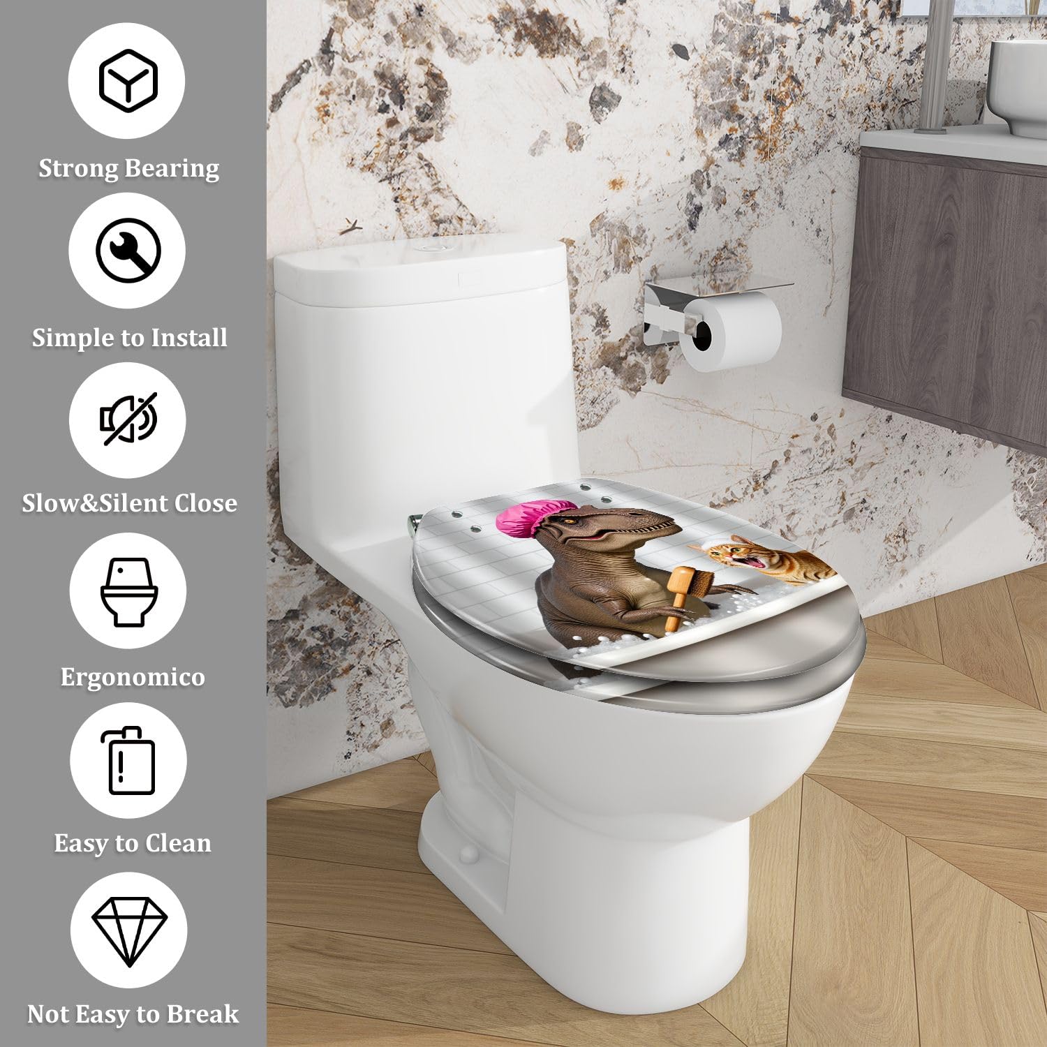 Sedile WC allungato generico con coperchio, cerniere a chiusura