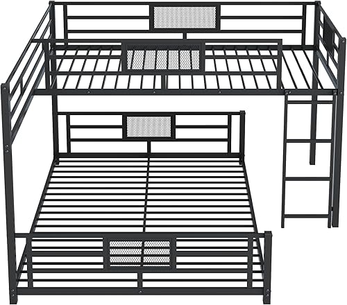 Miniatura 48 de Litera en forma de L individual sobre cama matrimonial adjunta, litera triple de metal con escritorio y tobogán integrados, marco de literas de