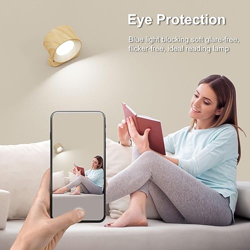 Miniatura 3 de Paquete de 2 apliques de pared a pilas, 3 modos de color, 3 niveles de brillo, rotación de 360, control táctil, lámpara de pared LED para