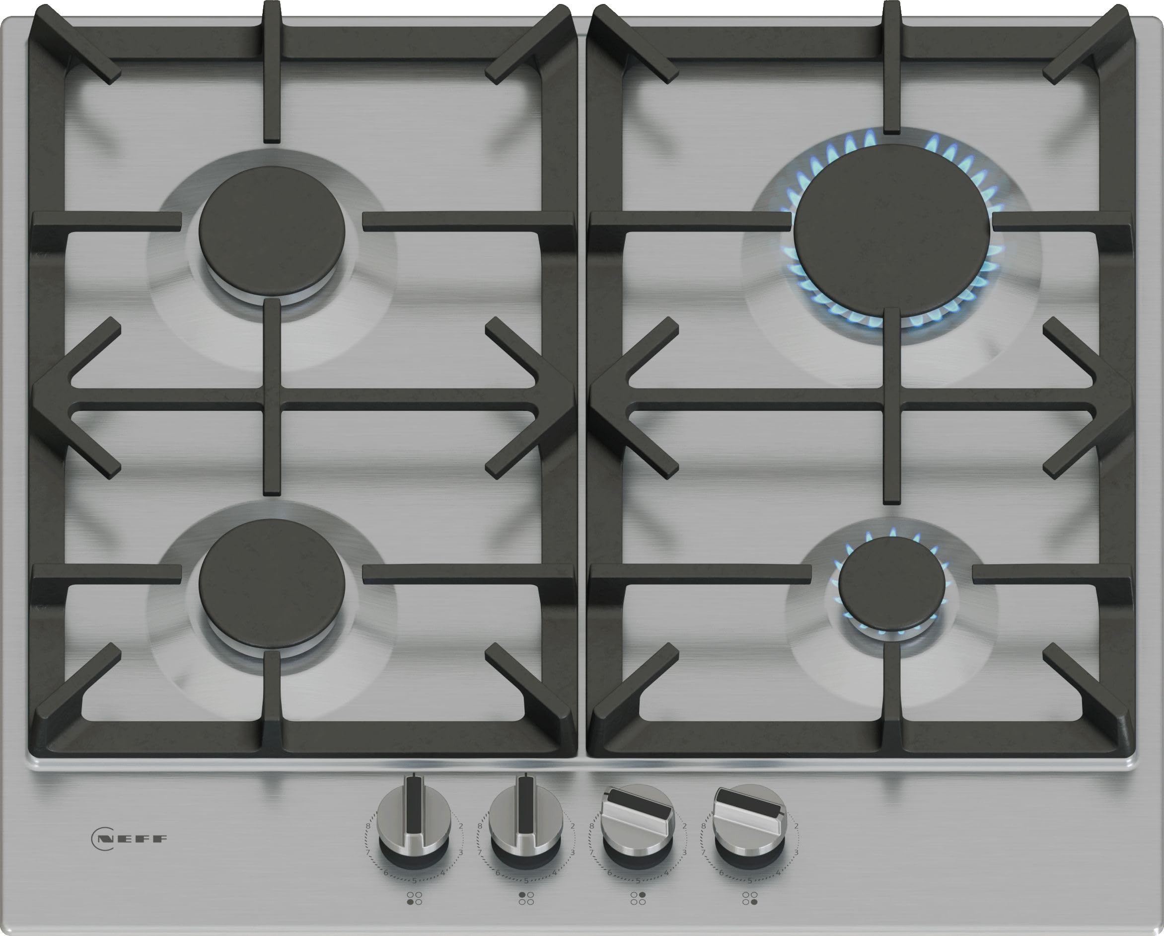NEFF, N70, T26CIP8N0, 60cm Gas Hob with 4 burner, Optimised FlameSelect, 2 Dishwasher suitable cast iron pan supports, Detachable metallic sword dials