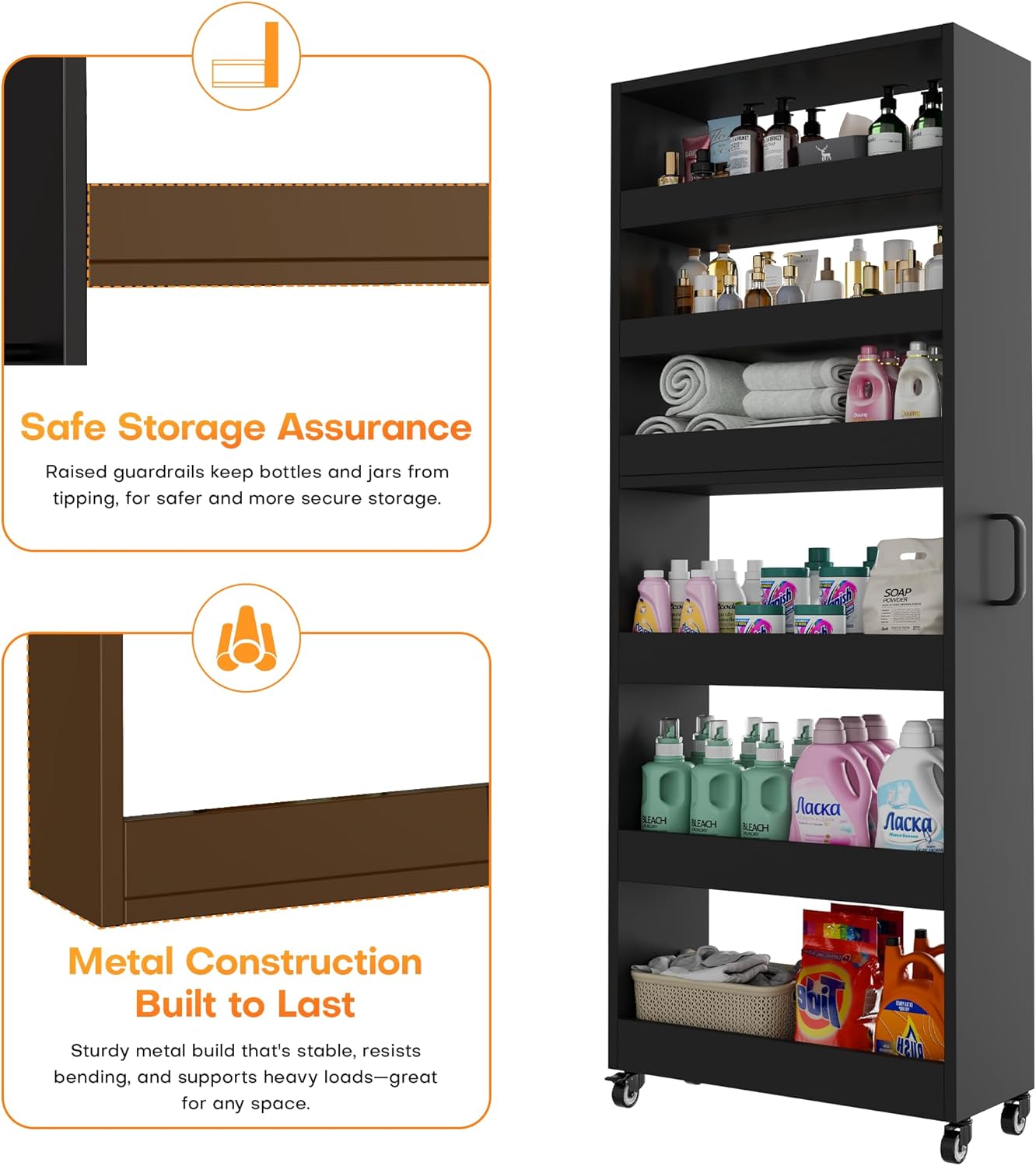 Slim Storage Cart, Lightweight 6 Tier Metal Rolling Utility Kitchen Cart on Wheels, Mobile Storage Shelving Unit Organizer for Bathroom Laundry Office Narrow Places (Black, 10" D)