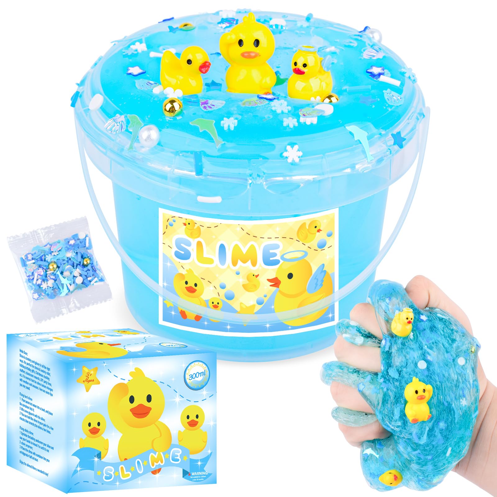 Blue Crunchy Crystal Slime with 3 Yellow Duck Charms, Ocean Series Big Scented Slime Bucket for Kids, Super Soft, Party Favor, Birthday Gifts for Girls & Boys, Classroom Reward, Goodie Bag Stuffer