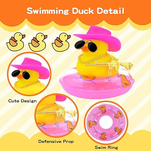 Miniatura 5 de Decoración de pato de goma para automóvil, mini patos de goma con mini sombrero de vaquero, collar de tubo de natación y lentes de sol, accesorios